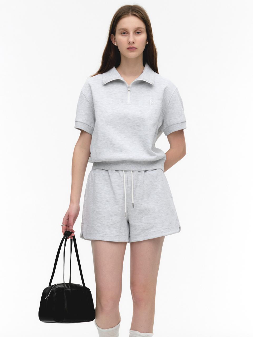 MONGDOL Logo Half-Zip Short Sleeve Sweatshirt Light Gray MDTS050LGRAY