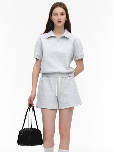 MONGDOL Logo Half-Zip Short Sleeve Sweatshirt Light Gray MDTS050LGRAY