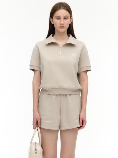 MONGDOL Logo Half Zip Short Sleeve Sweatshirt Light Beige MDTS050LBEIGE