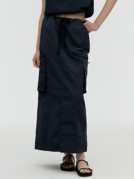 MONGDOL Nylon Cargo Banded Long Skirt_Navy