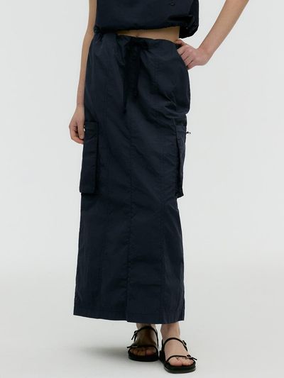 MONGDOL Nylon Cargo Banded Long Skirt_Navy