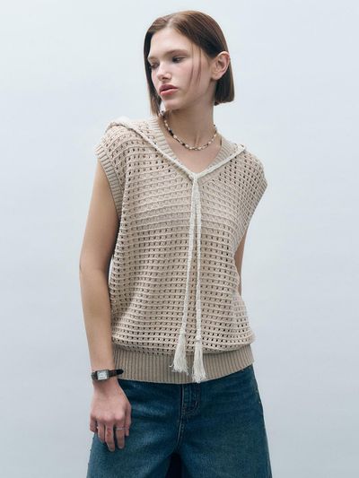 MONGDOL Perforated V-neck Knit Vest [Beige] (MDKT106BEIGE)