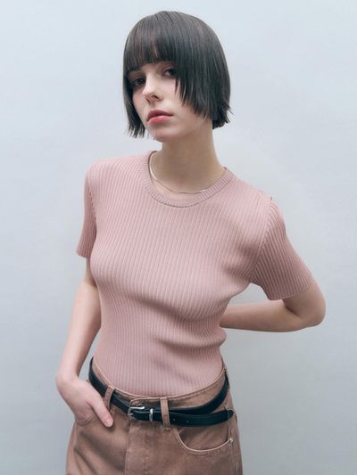 MONGDOL Ribbed Short-Sleeve Knit Sweater [Indie Pink] (MDKT098INDIPINK)