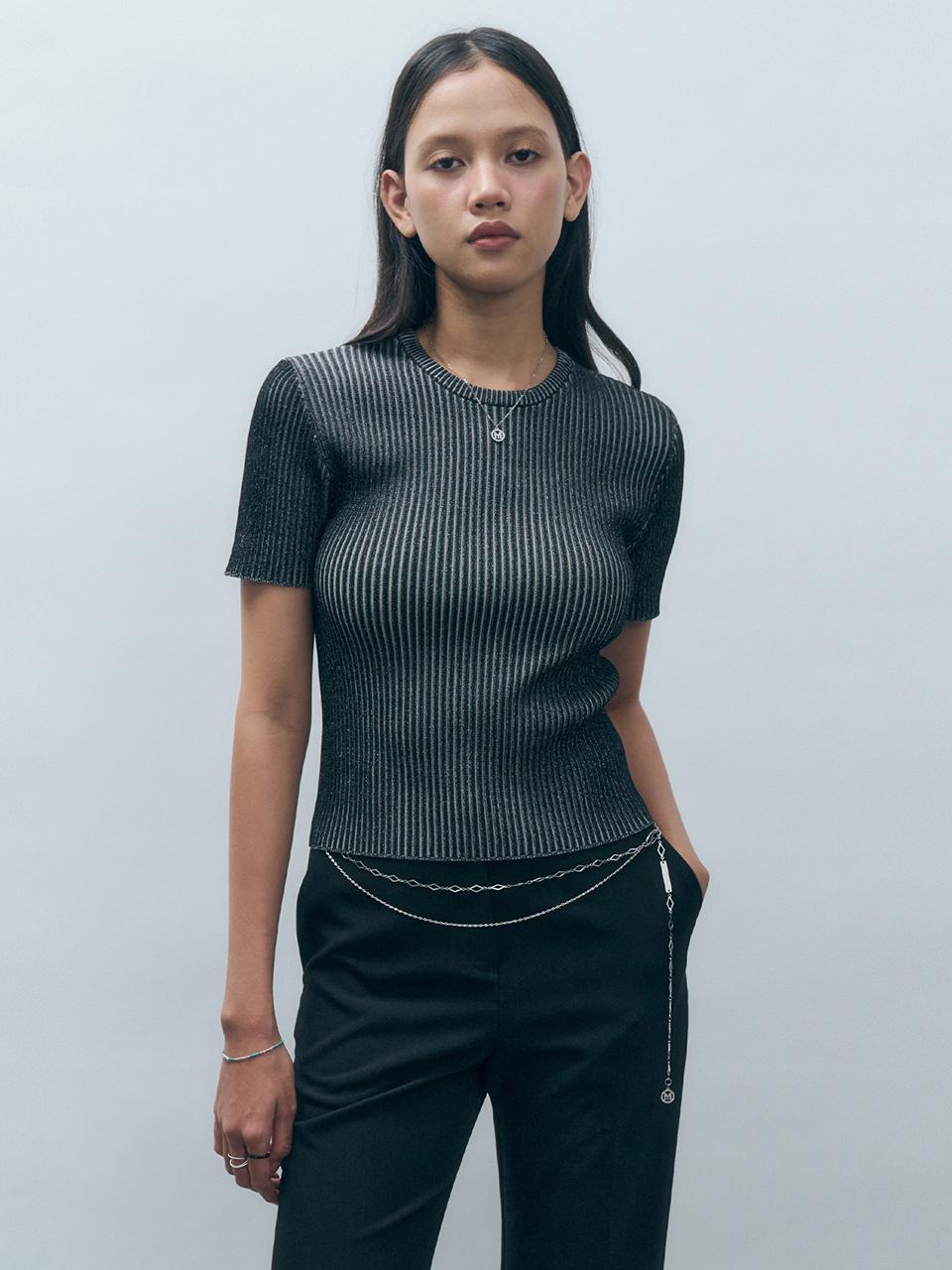 MONGDOL Ribbed Short-Sleeve Knit Sweater (MDKT098BLACK) [Black]
