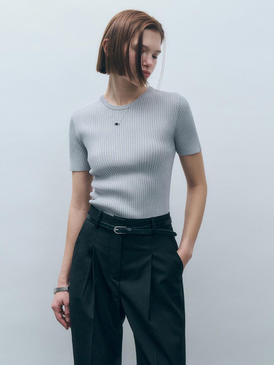 MONGDOL Ribbed Short-Sleeve Knit Sweater (MDKT098LGRAY) [Light Gray]