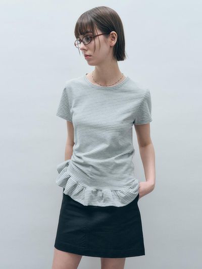 MONGDOL Striped Frill Short-Sleeve T-Shirt [Light Gray] (MDTS071LGRAY)
