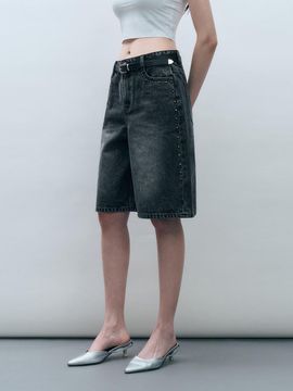 MONGDOL Studded Washed Denim Bermuda Shorts [Charcoal] (MDPT067CHARCOAL)