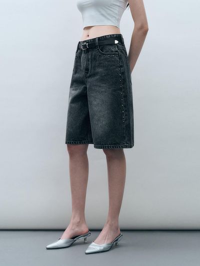 MONGDOL Studded Washed Denim Bermuda Shorts [Charcoal] (MDPT067CHARCOAL)