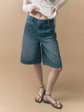 MONGDOL Studded Washed Denim Bermuda Shorts (MDPT067DBLUE) [Deep Blue]