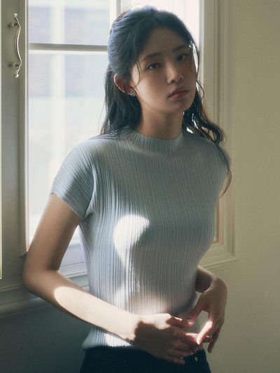 MONGDOL Whole Garment Half-Neck Pleated Knit Sweater [Sky Blue] (MDKT107SKYBLUE)