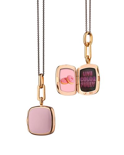 Monica Rich Kosann Monica Rich Kosann 18K Rose Gold Vermeil over Sterling Silver & Black Steel Locket x Color Pink Enamel Cushion Pendant Necklace, 16-17