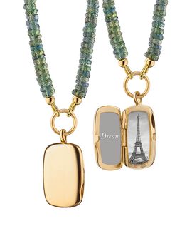 Monica Rich Kosann Monica Rich Kosann 18K Yellow Gold Slim Lockets Green Sapphire Beaded Chain Rectangular Pendant Necklace, 16-18