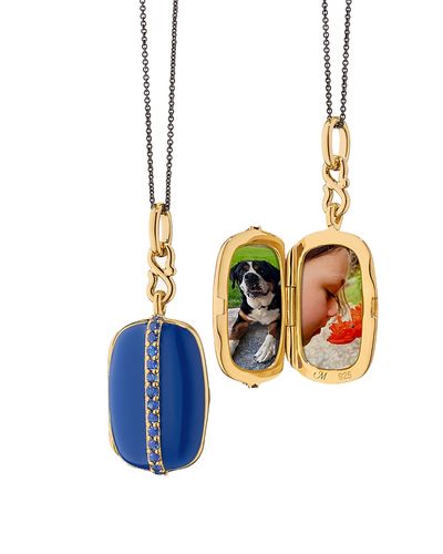 Monica Rich Kosann Monica Rich Kosann 18K Yellow Gold Vermeil over Sterling Silver & Black Steel Locket x Color Blue Sapphire & Blue Enamel Rectangular Pendant Necklace, 16-17