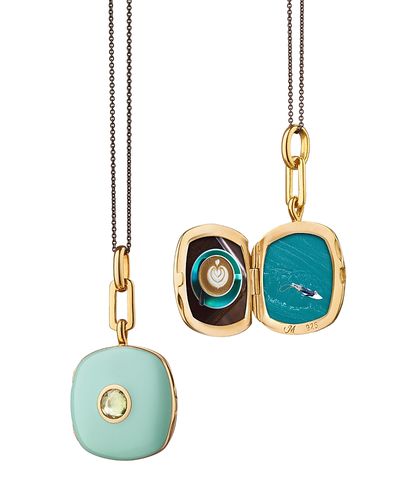 Monica Rich Kosann Monica Rich Kosann 18K Yellow Gold Vermeil over Sterling Silver & Black Steel Locket x Color Green Sapphire & Green Enamel Cushion Pendant Necklace, 16-17