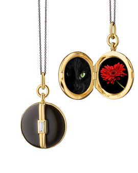 Monica Rich Kosann Monica Rich Kosann 18K Yellow Gold Vermeil over Sterling Silver & Black Steel Locket x Color White Sapphire & Black Enamel Round Pendant Necklace, 16-17
