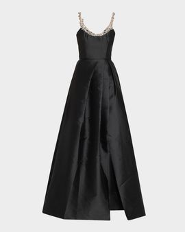 Monique Lhuillier Crystal Scoop-Neck Pleated Mikado Silk Gown