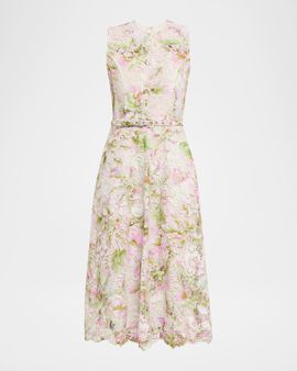 Monique Lhuillier Printed Tulip Lace Sleeveless Belted Midi Dress