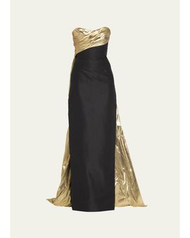 Monique Lhuillier Strapless Draped Metallic Lame Train Gown