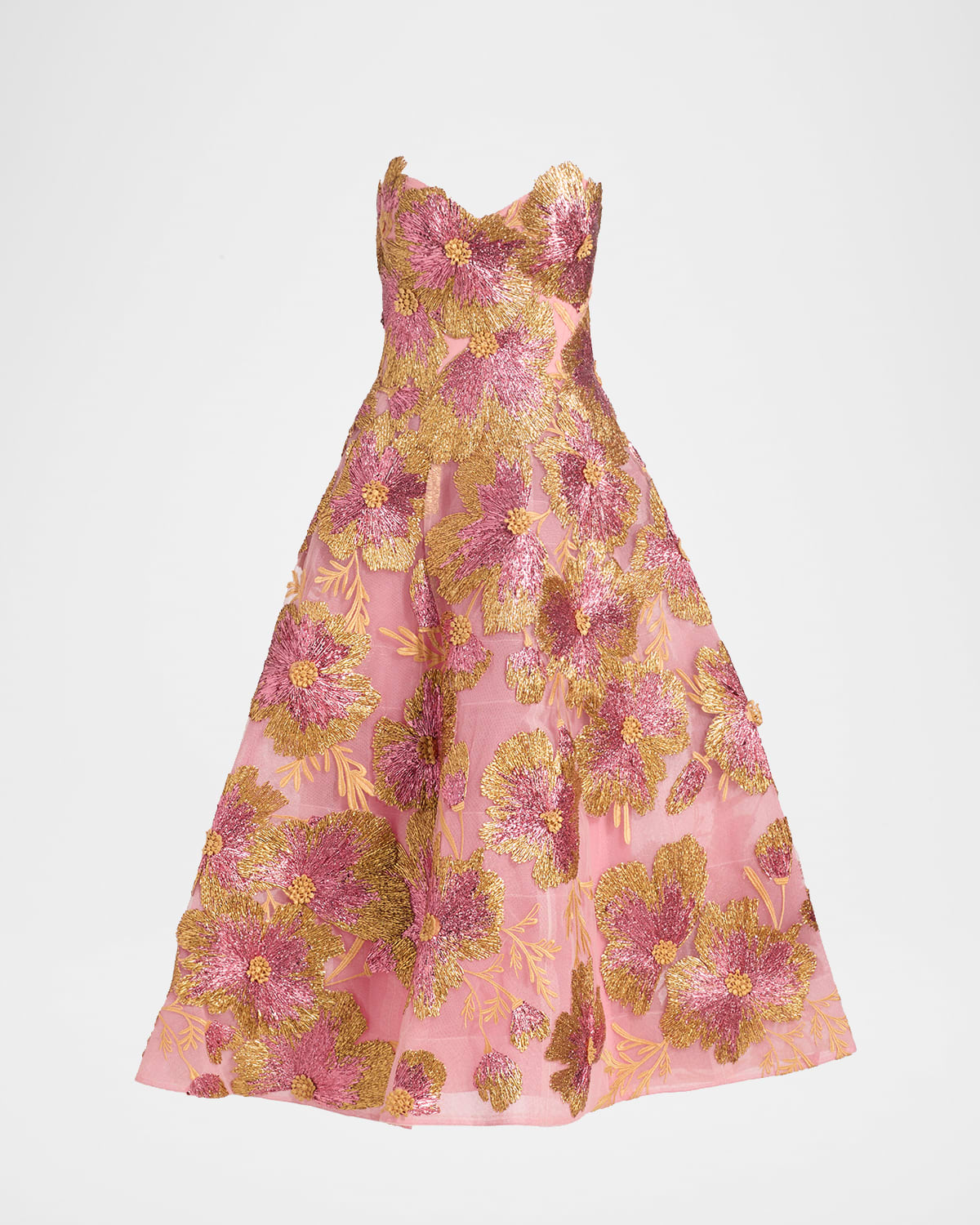 Monique Lhuillier Strapless Metallic Floral Embroidered Tulle Tea-Length Dress