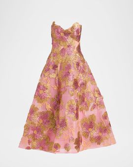 Monique Lhuillier Strapless Metallic Floral Embroidered Tulle Tea-Length Dress