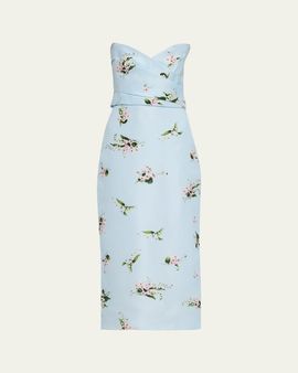 Monique Lhuillier Strapless Posie Print Silk Midi Cocktail Dress