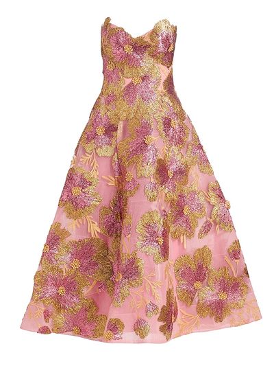 monique lhuillier floral embroidered mesh dress Metallic Raffia Floral High-Low Gown 16 / Gold Multi