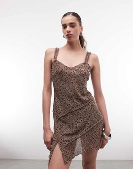 Monki Monki asymmetric ruffle chiffon mini dress in vintage brown floral