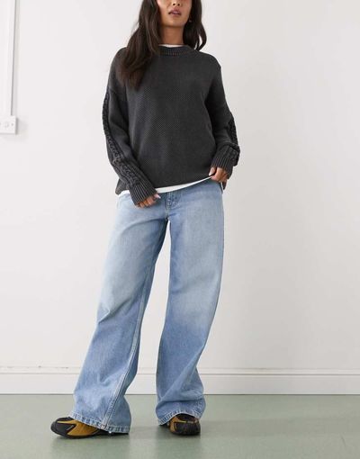 Monki Monki barrel leg jeans in mid blue wash