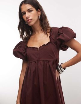 Monki Monki button babydoll mini dress in burgundy-Red