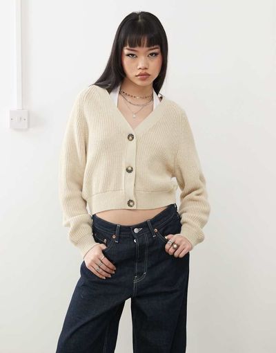 Monki Monki cable rib knitted cardigan in gray melange