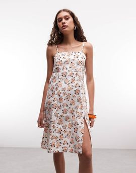 Monki Monki cotton tie shoulder split midi dress in peach floral-White