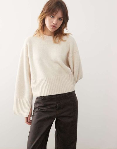 Monki Monki crew neck knit sweater with ribbed cuffs and hem detail in white