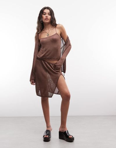 Monki Monki crochet festival knee skirt in metallic brown