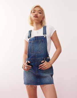 Monki Monki denim overall mini dress in blue wash