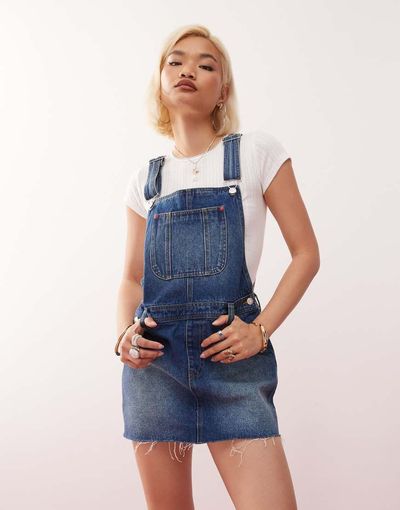 Monki Monki denim overall mini dress in blue wash