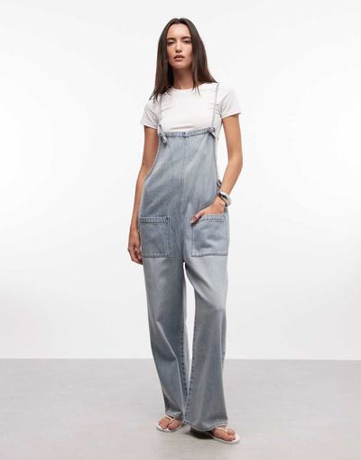 Monki Monki denim wide leg jumpsuit in light blue wash