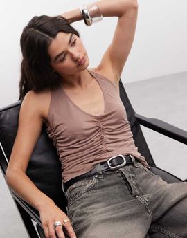 Monki Monki fitted asymmetric festival top in washed brown
