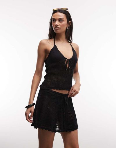Monki Monki floral crochet beach mini skirt in black