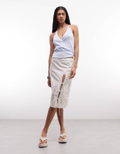 Monki Monki floral eyelet midi skirt in white