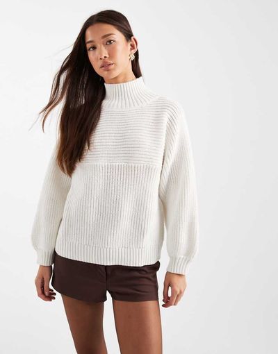 Monki Monki high neck chunky rib knit sweater with volume sleeves in white-Black