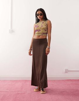 Monki Monki jersey floaty maxi skirt in dark chocolate brown