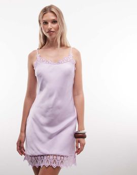 Monki Monki lace detailing satin mini slip dress in lilac-Purple