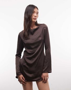 Monki Monki long sleeve drape satin mini dress in chocolate brown