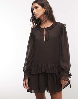 Monki Monki long sleeve ruffle mini dress in dark brown