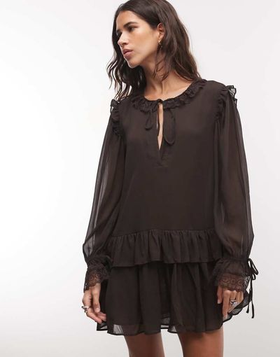 Monki Monki long sleeve ruffle mini dress in dark brown
