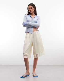 Monki Monki longline satin shorts with lace hem in off white
