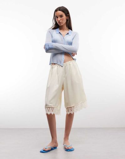 Monki Monki longline satin shorts with lace hem in off white