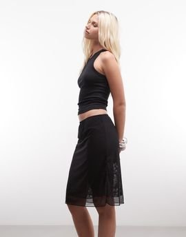 Monki Monki mesh knee length skirt in black