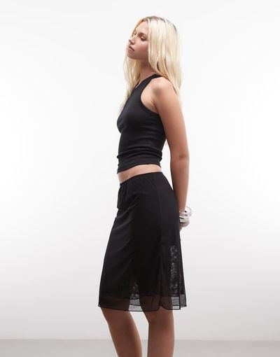 Monki Monki mesh knee length skirt in black