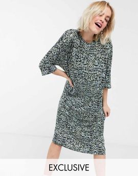 Monki Monki printed jersey dress in green print-Blues